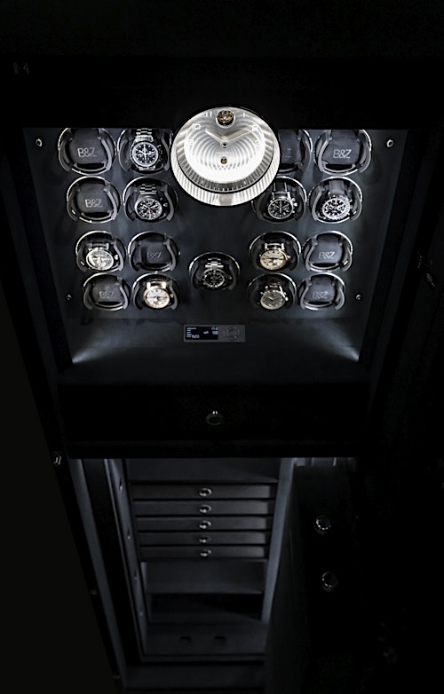 Interior of the BUBEN&ZORWEG VISION high-security safe with watch winders, Signature Clock, and storage drawers. — BUBEN&ZORWEG