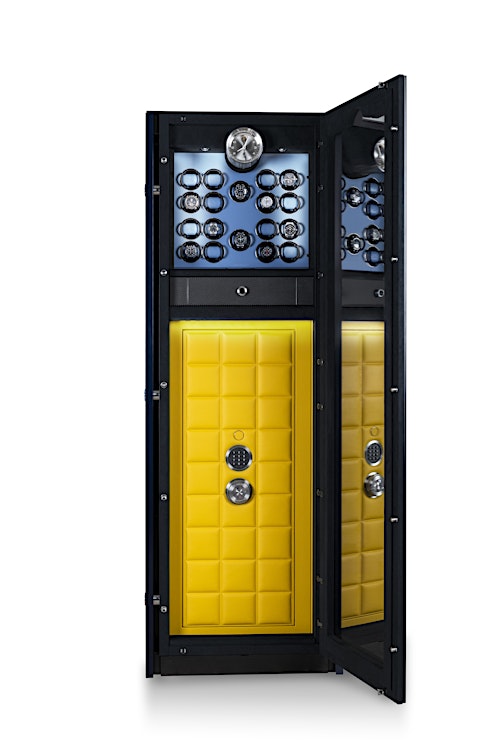 BUBEN&ZORWEG VISION Style Edition Hochsicherheitstresor mit individualisierbarer, hellgelber, gesteppter Türinnenverkleidung und blau lackierter oberer TIME MOVER® Tafel. — BUBEN&ZORWEG