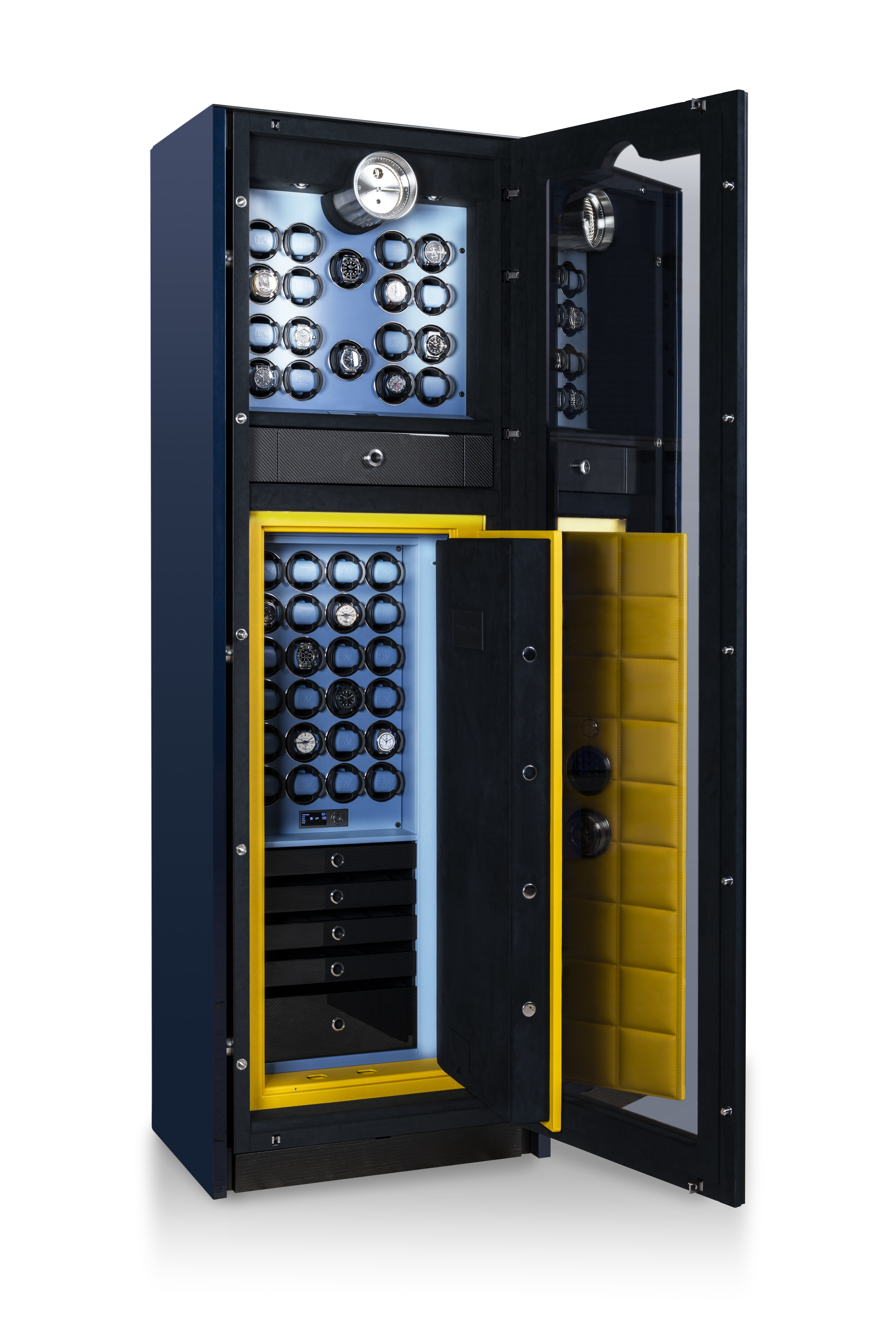 BUBEN&ZORWEG VISION Style Edition 高安全性保险箱，配有可定制的鲜艳黄色绗缝内门板、蓝色漆面 TIME MOVER® 上板以及下隔层中的额外手表上发条装置。 — BUBEN&ZORWEG