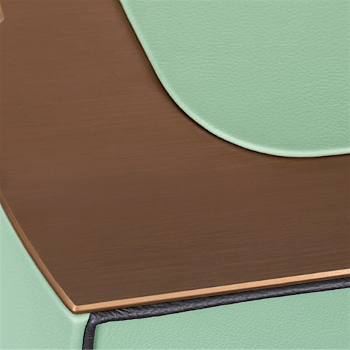 Close-up of the top detail of the BUBEN&ZORWEG ORION high-security safe in mint green with bronze-gold trim. — BUBEN&ZORWEG