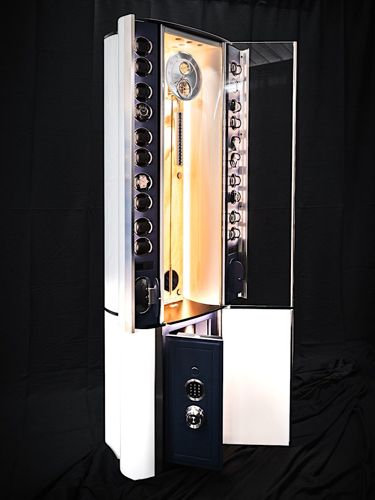 The Grande Infinity High-Security Safe features a glossy white lacquered case and a stunning Onyx natural stone centerpiece, blending advanced protection with timeless elegance. — BUBEN&ZORWEG