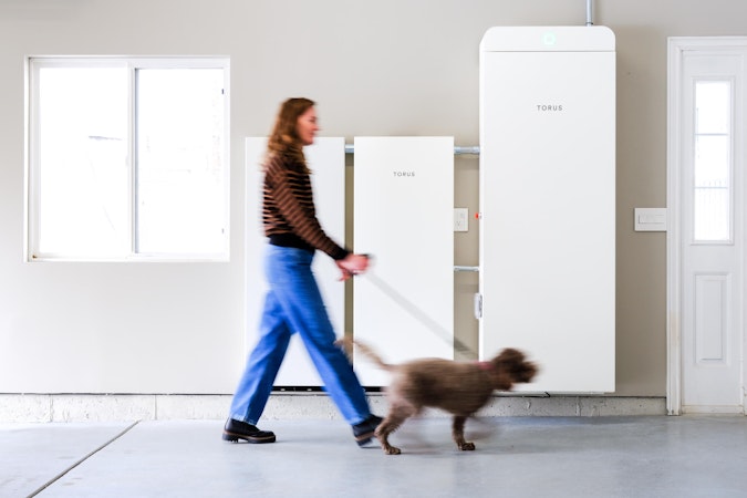 Torus battery wall with the homeowner and their dog walking past on the way into the home.