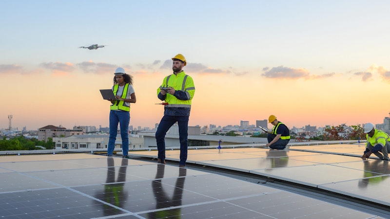 Solar wokers working on solar panels using a colar monitoring system during sunset on top of a roof.