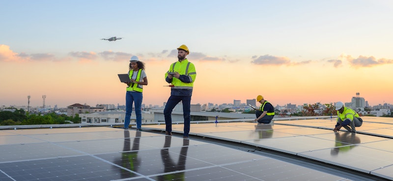 Solar wokers working on solar panels using a colar monitoring system during sunset on top of a roof.