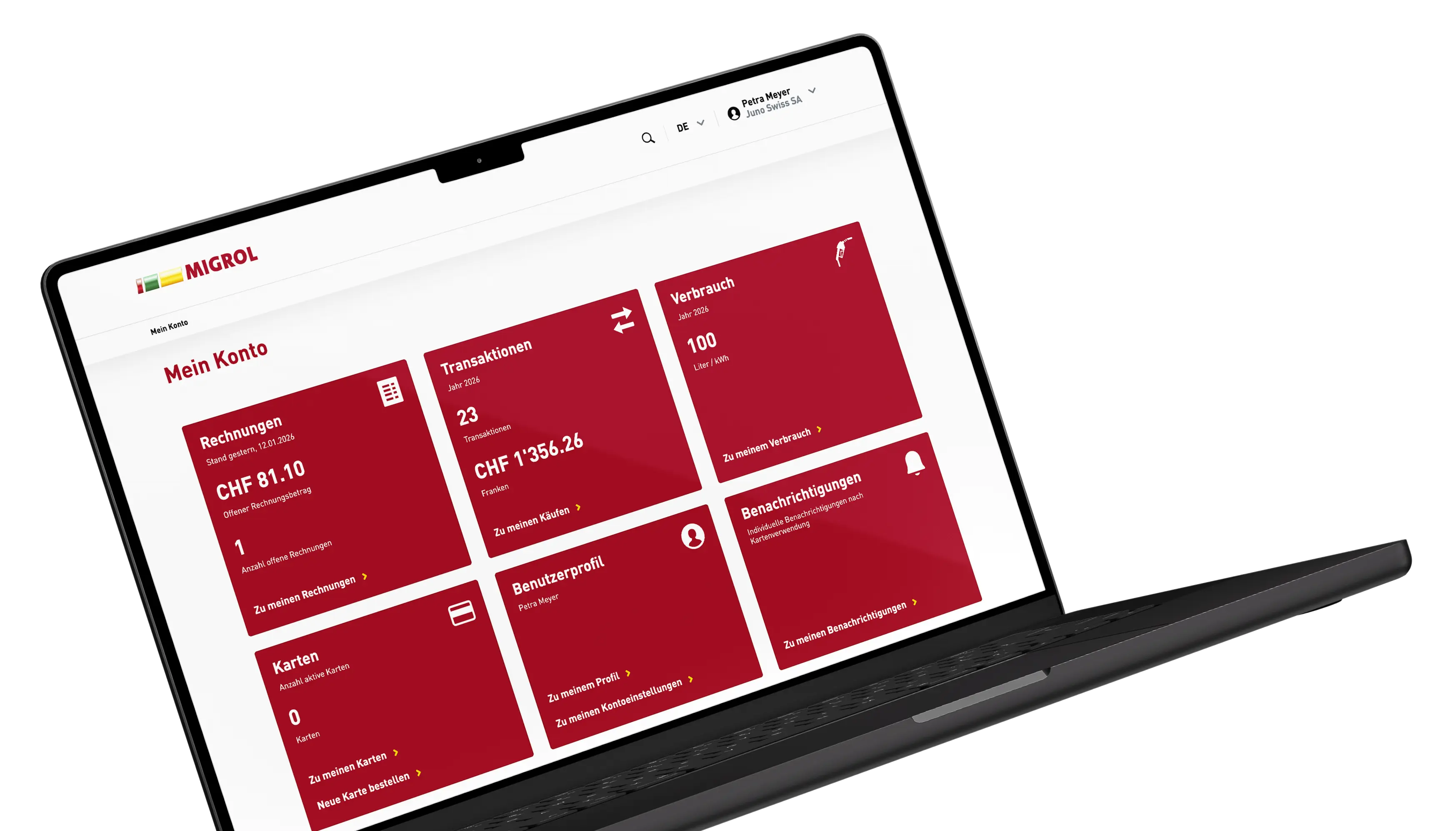 Migrol Kundenportal mit Transaktionshistorie