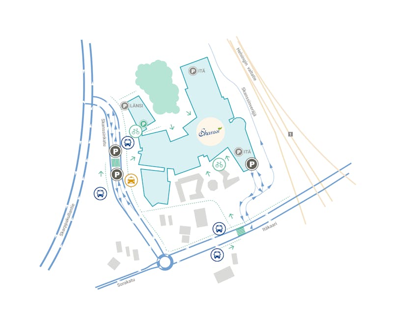Saapumiskartta Skanssiin jossa merkittynä mm. bussipysäkit, pyöräparkit sekä parkkihallien sisäänkäynnit.