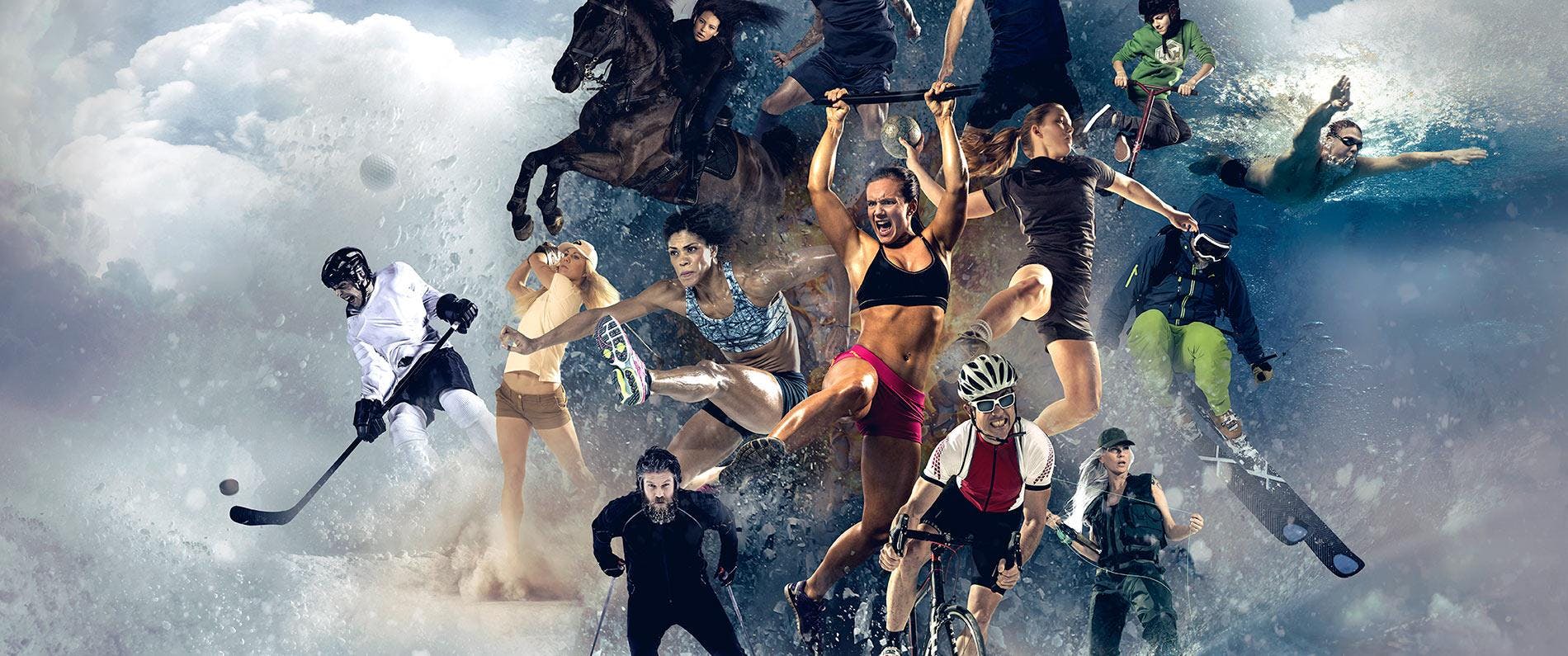 Koostekuva jossa useita eri urheilulajien harrastajia mm. pyöräily, yleisurheilu, jääkiekko, uinti ja laskettelu.