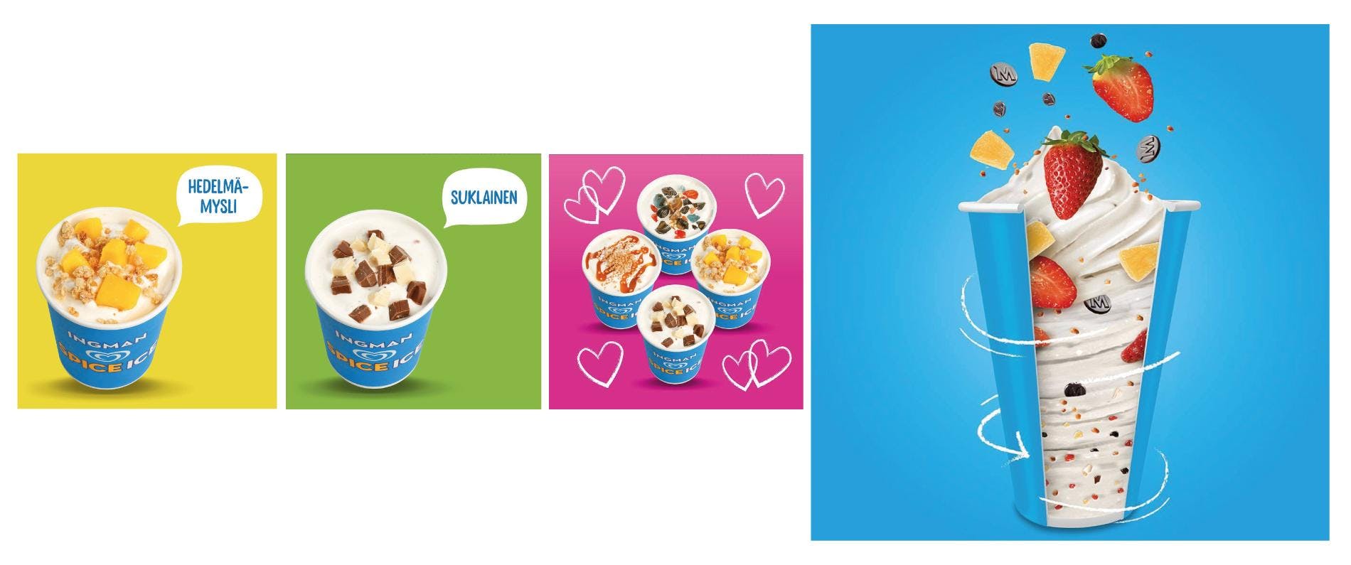 Mainoskuvia eri jäätelöannoksista.