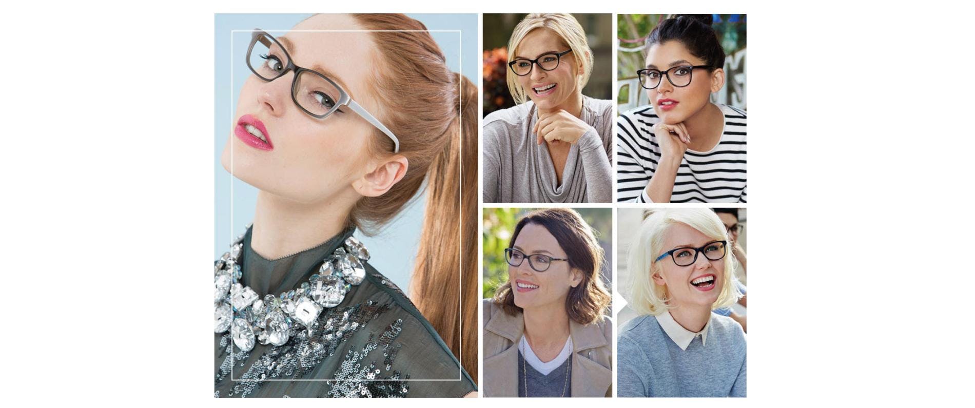 Kokoelmakuva viidestä eri naisesta silmälaseissa.