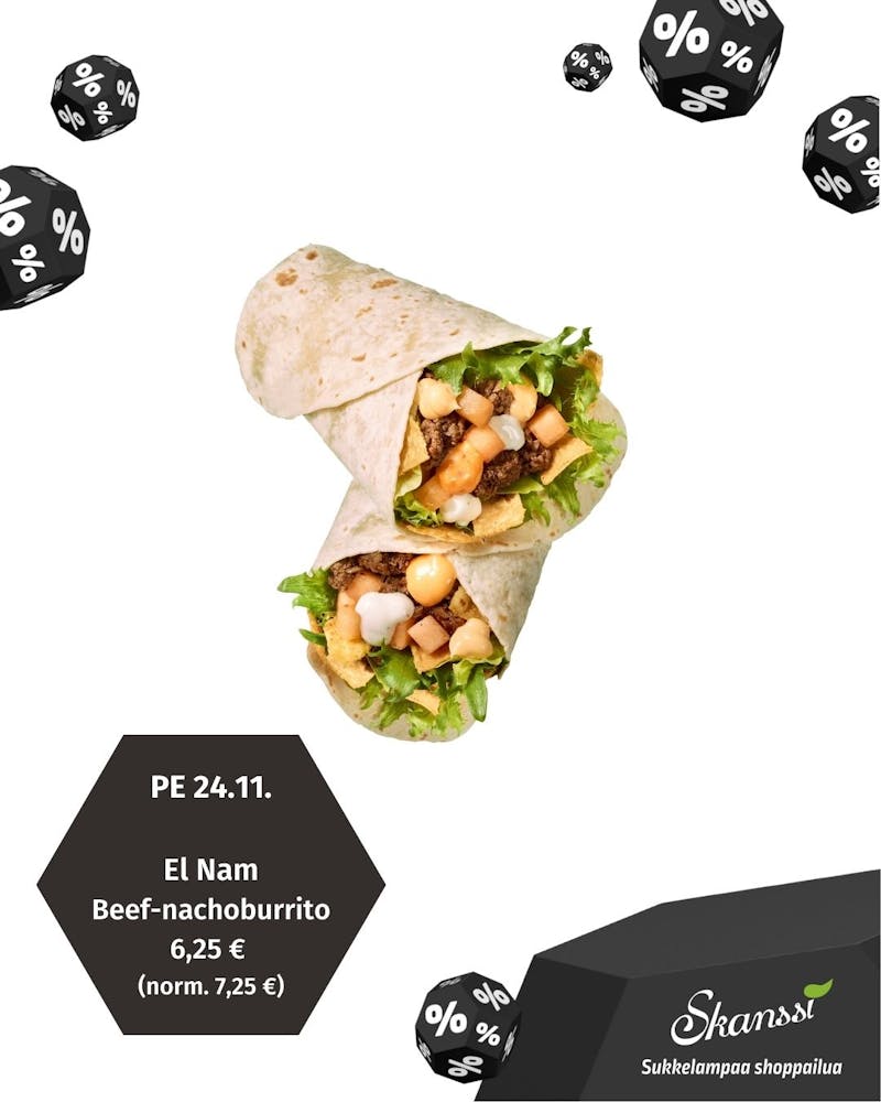 Beef-nachoburrito 6,25 € (norm. 7,25 €)