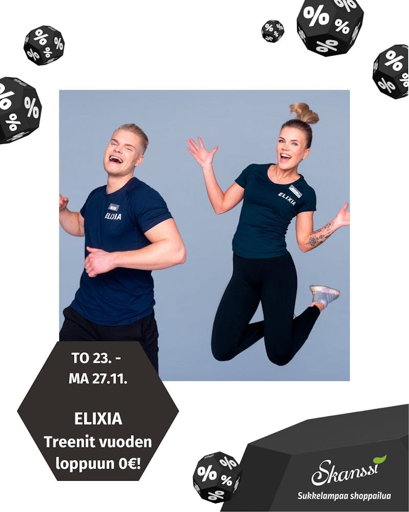 ELIXIA 23.-27.11.2023 Treenit vuoden loppuun 0€! Tarjous koskee uusia 12KK jäsenyyksiä Sitoutumisaika alkaa 1.1.2024