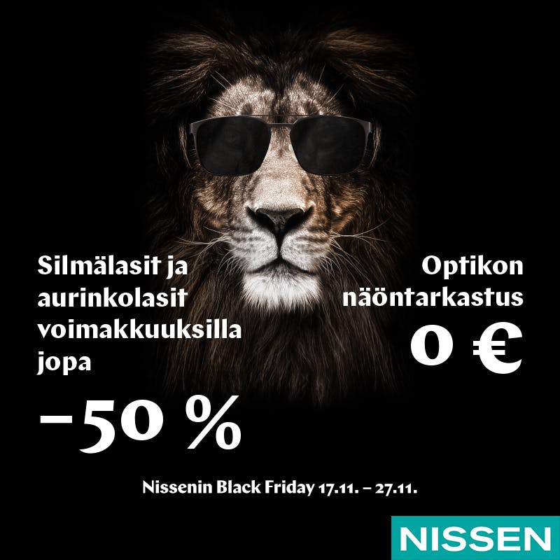 Nissen Silmälasit ja aurinkolasit voimakkuuksilla jopa -50%.  Optikon näöntarkistus 0€.