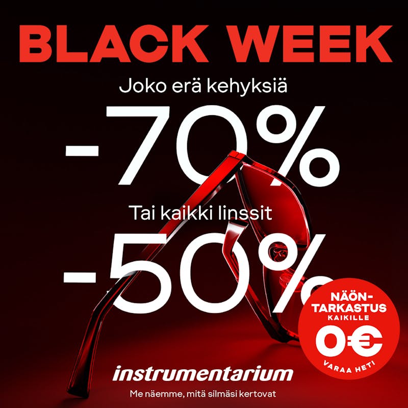 Instrumentarium Erä kehyksiä jopa -70% TAI kaikki linssit -50%. Lisäksi silmälasien ostajalle toiset lasit -50%.