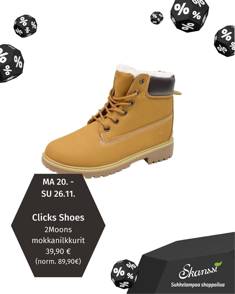 Click Shoes  2Moons mokkanahkaiset nilkkurit 39,90 € (89,90 €) Alle puoleen hintaan!  