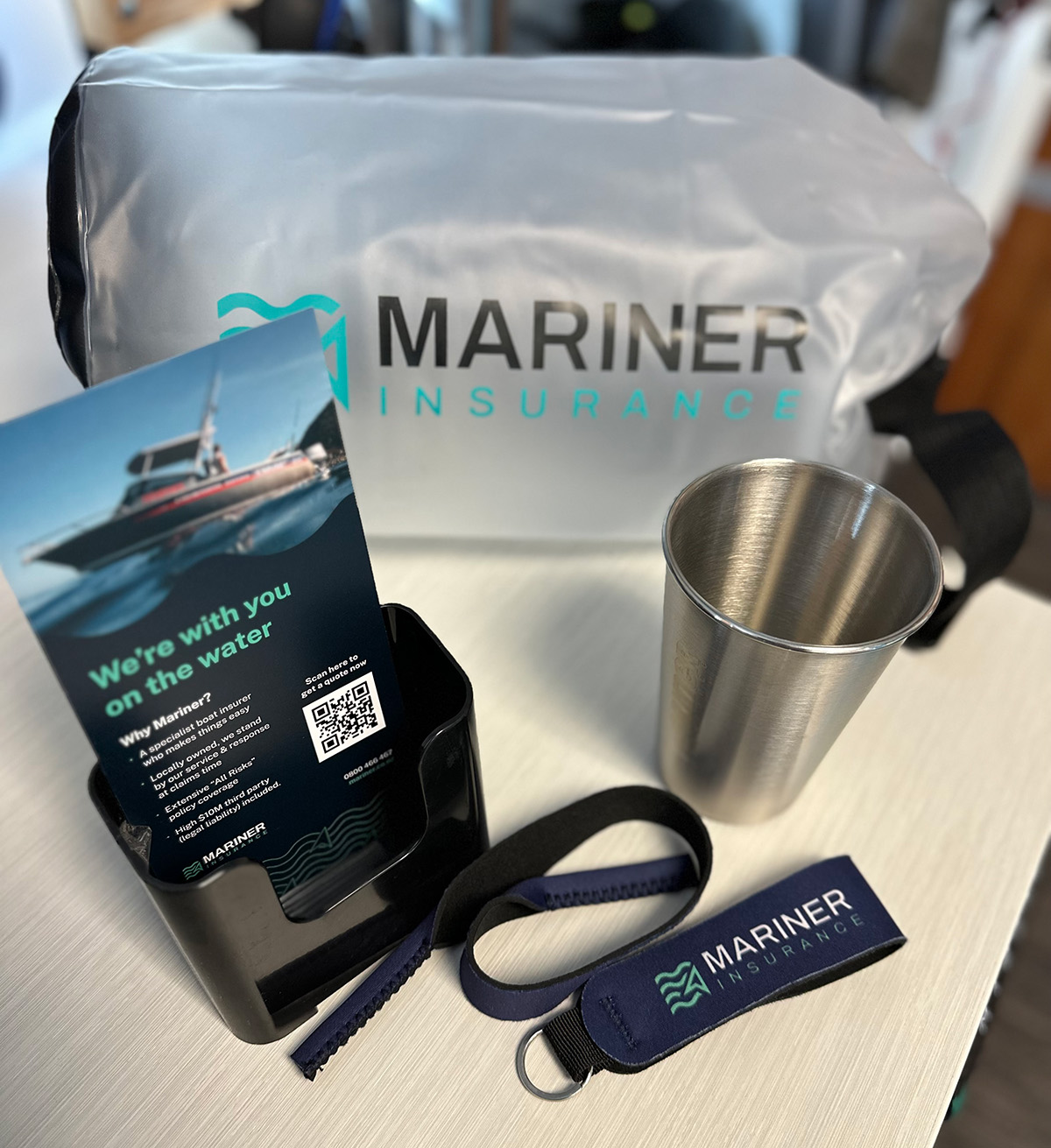 Looking down on Mariner Insurance marketing merchandise 