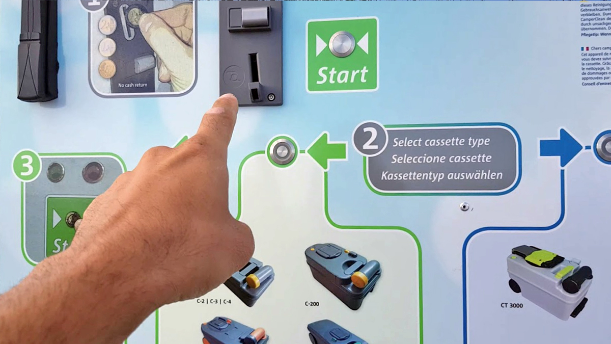 Un utilisateur interagit avec une machine de nettoyage automatique des cassettes WC de camping-car, en suivant les instructions du panneau de commande. Le système accepte les pièces et permet de sélectionner le type de cassette à nettoyer.