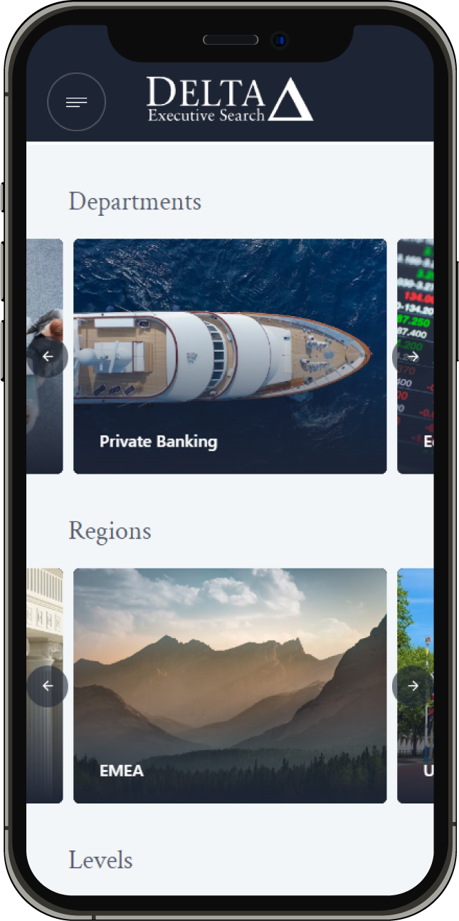 A phone screenshot of the Executive Search page on the Delta Executive Search webapp.