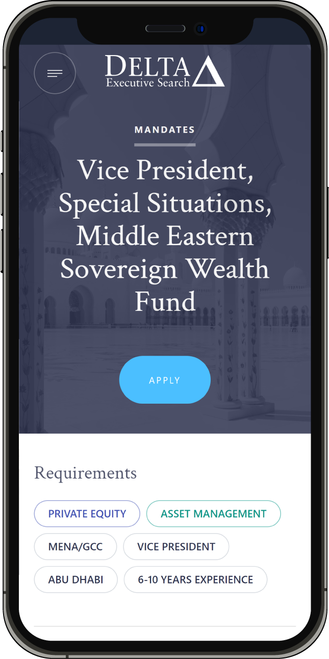 A mobile phone screenshot of the Mandate page on the Delta Executive Search webapp.