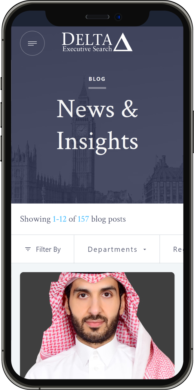 A mobile phone screenshot of the News & Insights page on the Delta Executive Search webapp.