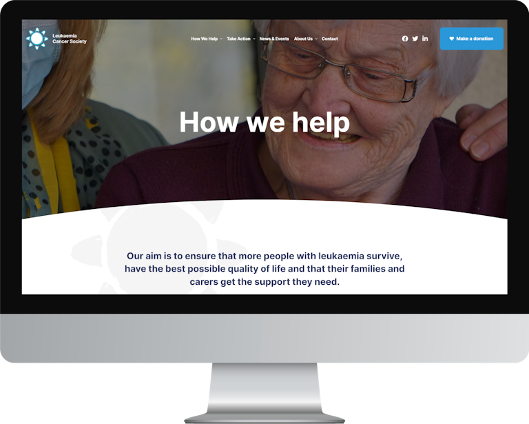 A tablet screenshot of the homepage on the Leukaemia Cancer Society webapp.
