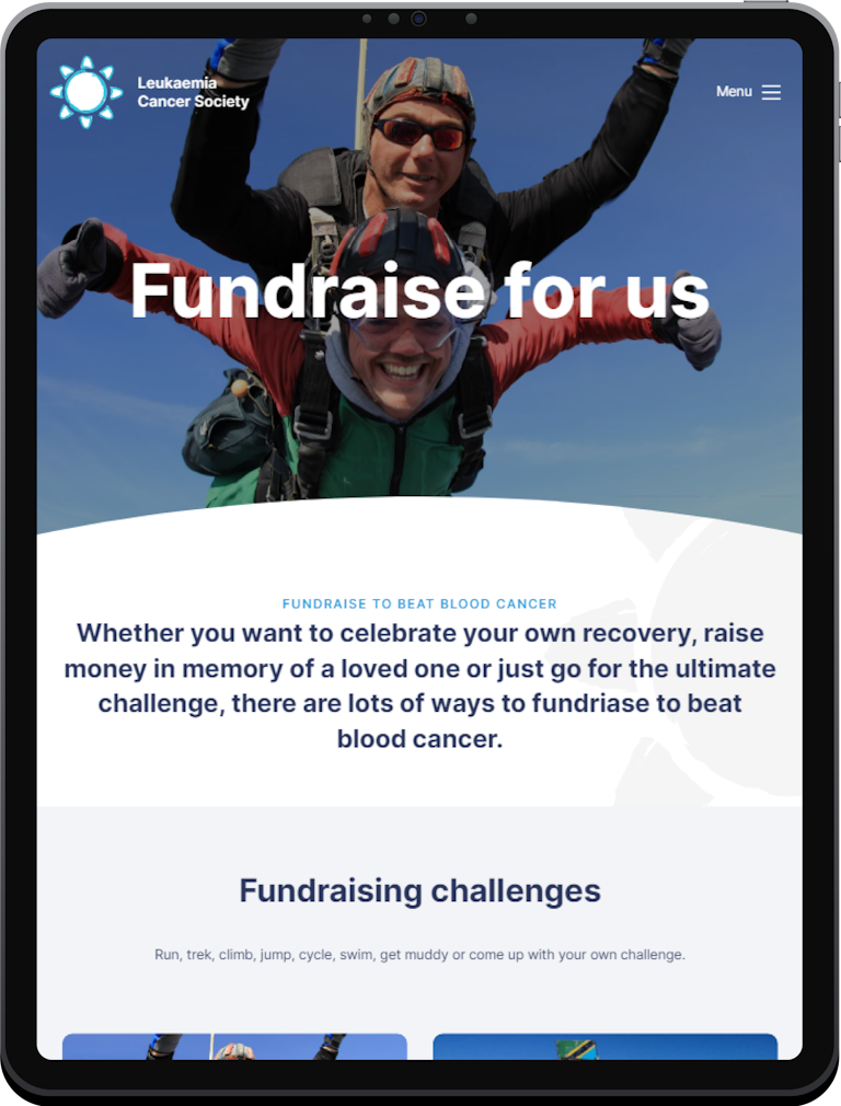 A tablet screenshot of the Fundraising page on the Leukaemia Cancer Society webapp.