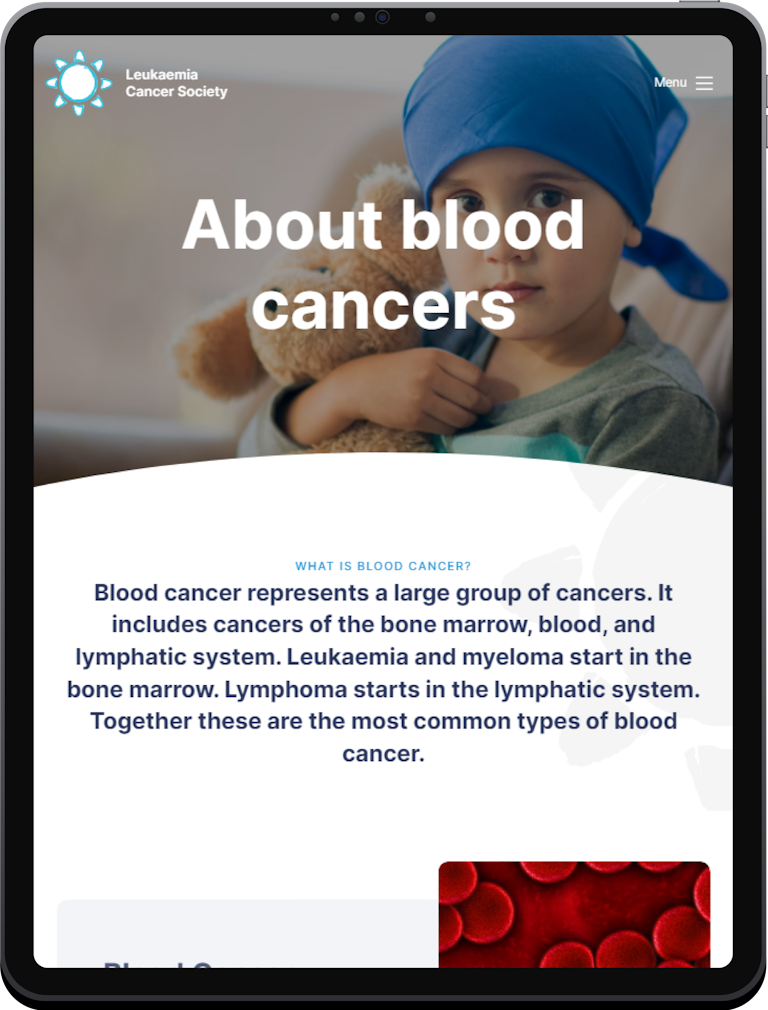 A tablet screenshot of the Blood Cancers Information  page on the Leukaemia Cancer Society webapp.