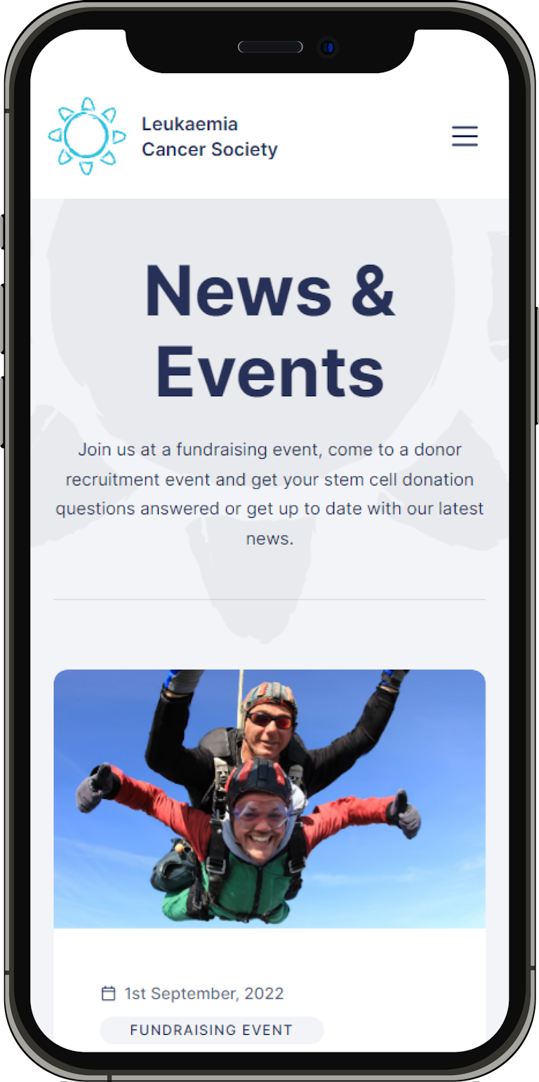 A mobile screenshot of the News & Events page on the Leukaemia Cancer Society webapp.