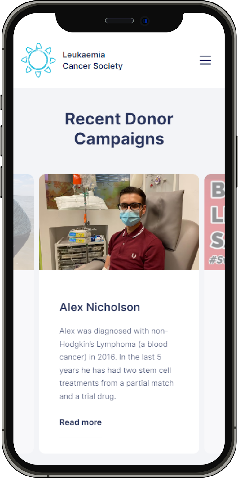 A mobile screenshot of the Donor Campaigns page on the Leukaemia Cancer Society webapp.