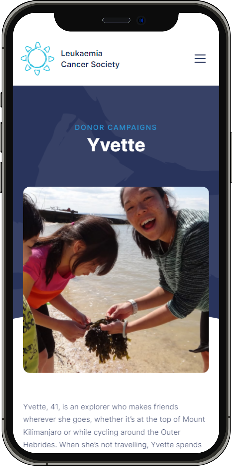 A mobile screenshot of a donor campaign page on the Leukaemia Cancer Society webapp.