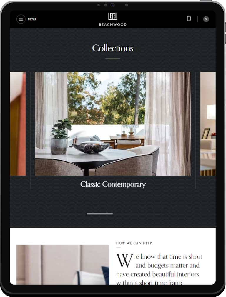 A tablet screenshot of the homepage on the Beachwood Interiors webapp.