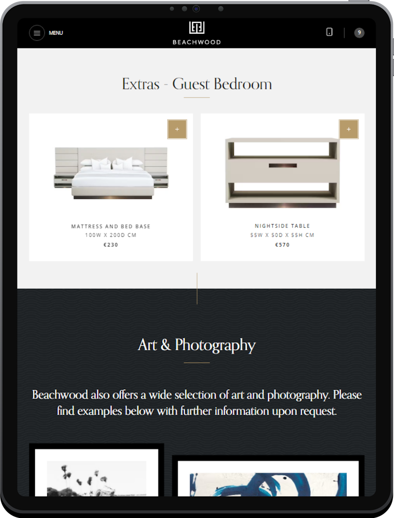 A tablet screenshot of collection page on the Beachwood Interiors webapp.