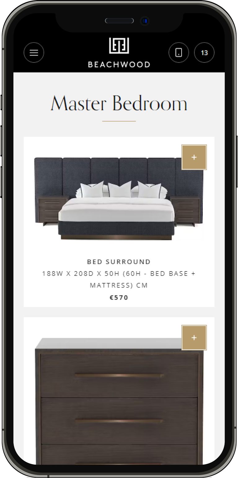 A mobile screenshot of a collection page on the Beachwood Interiors webapp.