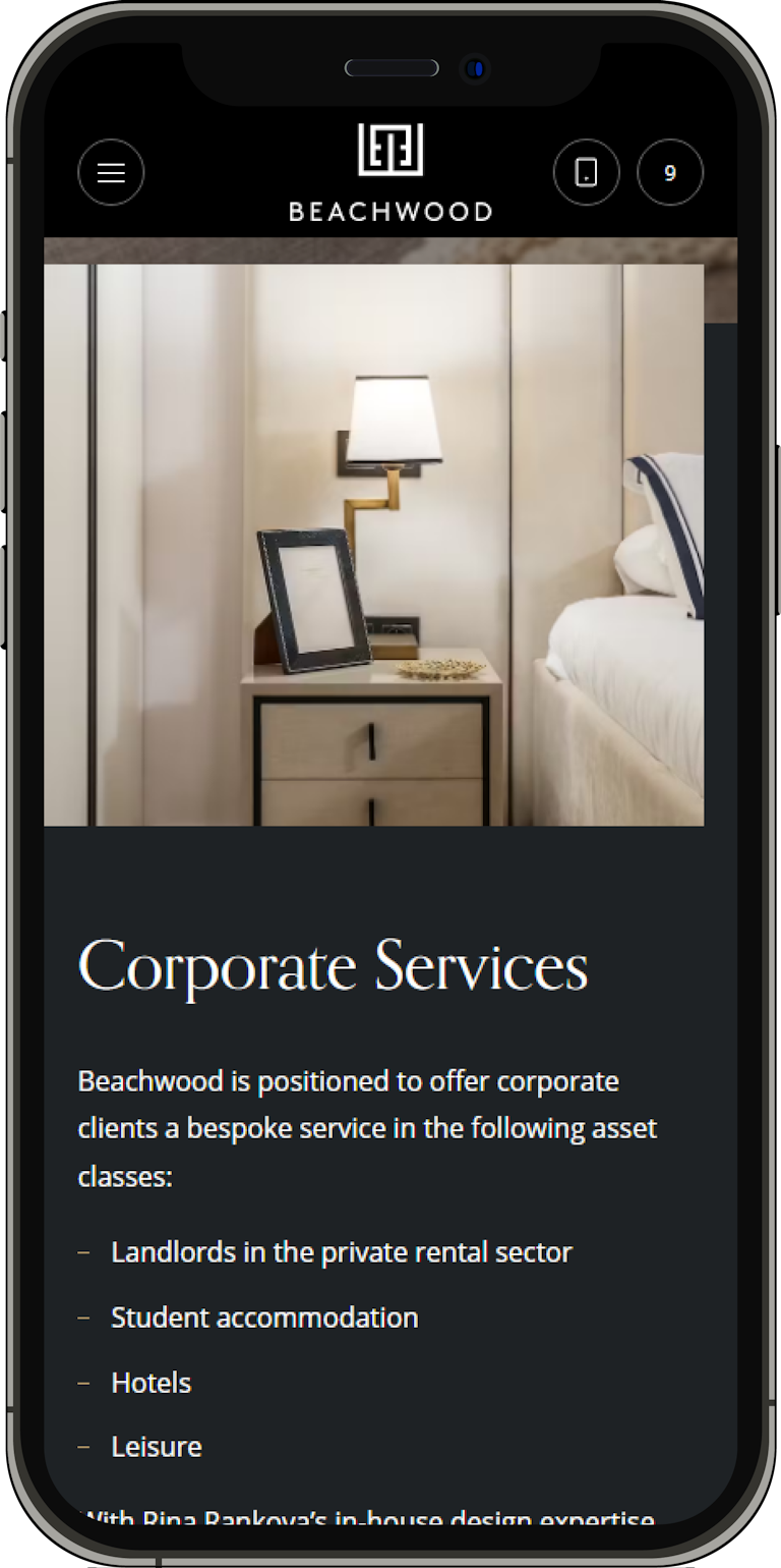A mobile screenshot of the About Us page on the Beachwood Interiors webapp.