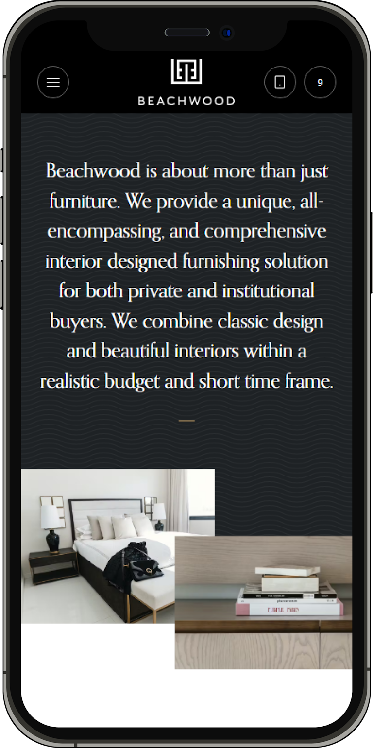 A mobile screenshot of the Services page on the Beachwood Interiors webapp.