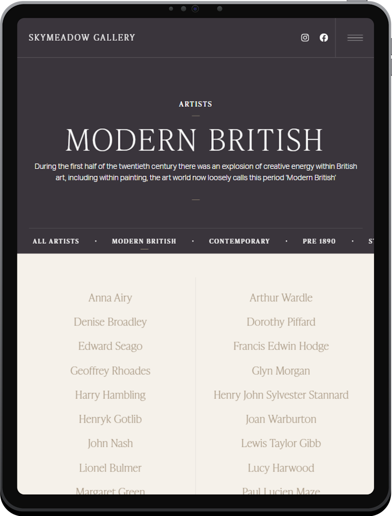 A tablet screenshot of an artist landing page on the Skymeadow Gallery webapp.