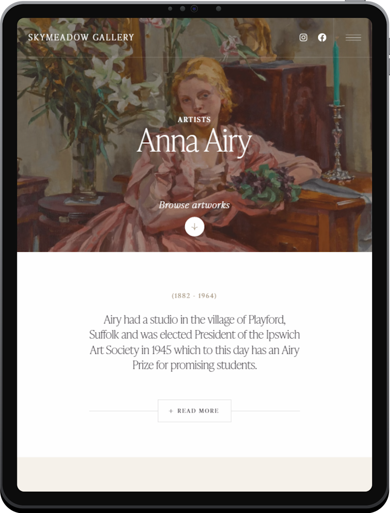 A tablet screenshot of an artist detail page on the Skymeadow Gallery webapp.