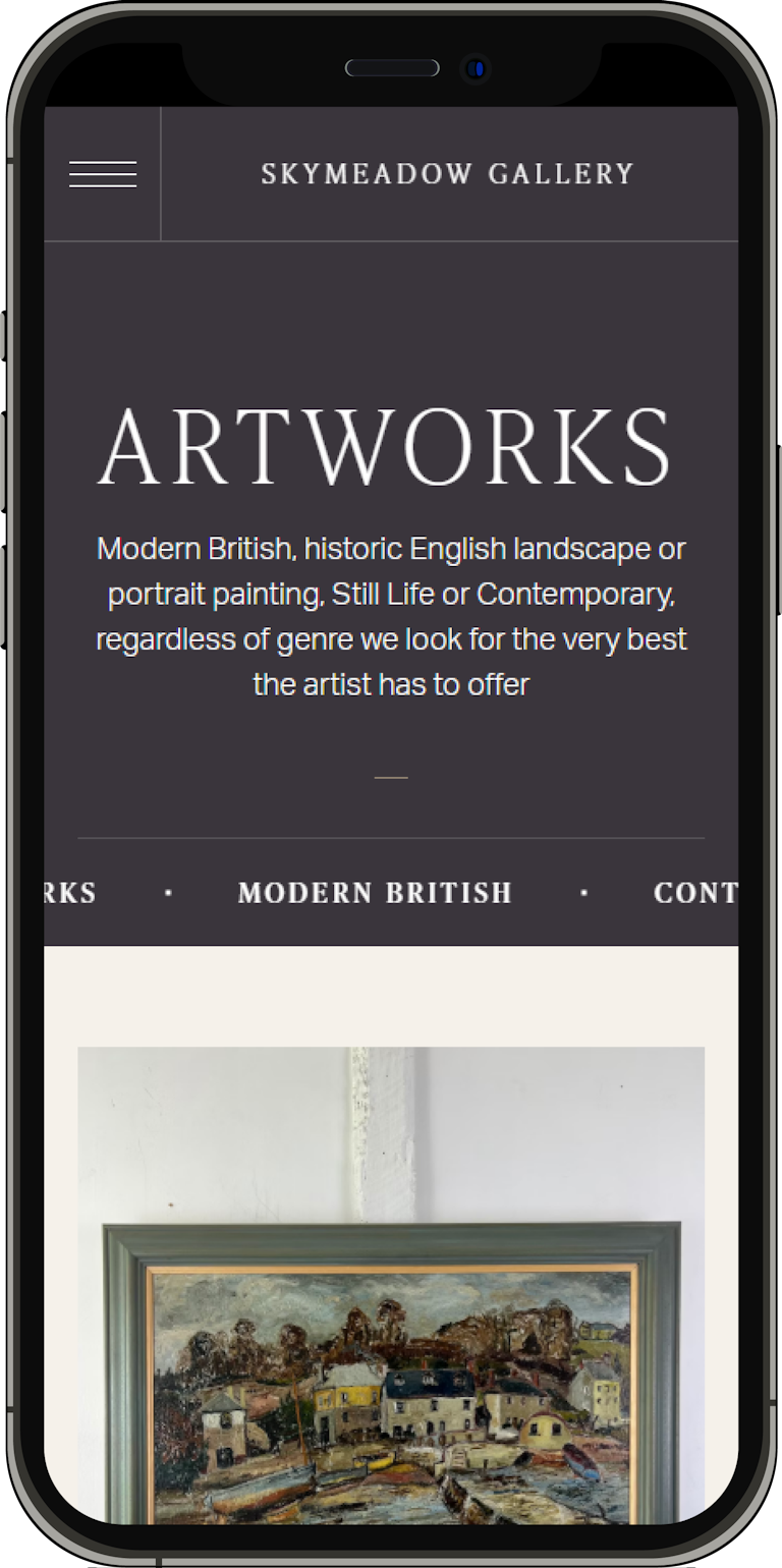 A mobile screenshot of an artwork landing page on the Skymeadow Gallery webapp.