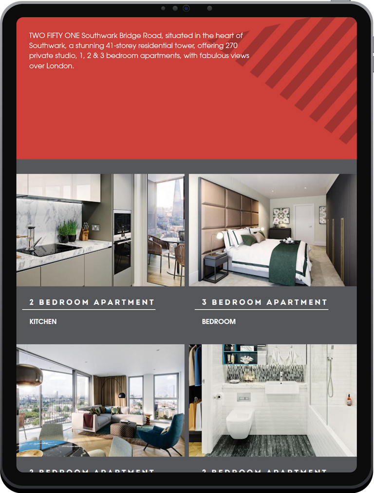 A tablet screenshot of an apartments section on the Two Fifty One  website.