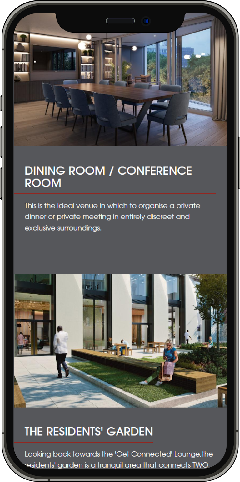 A mobile screenshot of the Residents' Facilities section on the Two Fifty One  website.