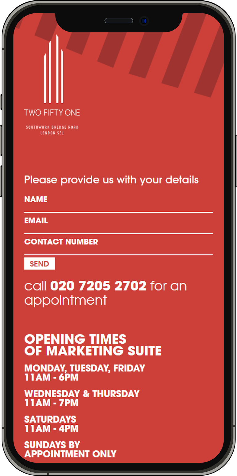 A mobile screenshot of an enquiry form on the Two Fifty One  website.