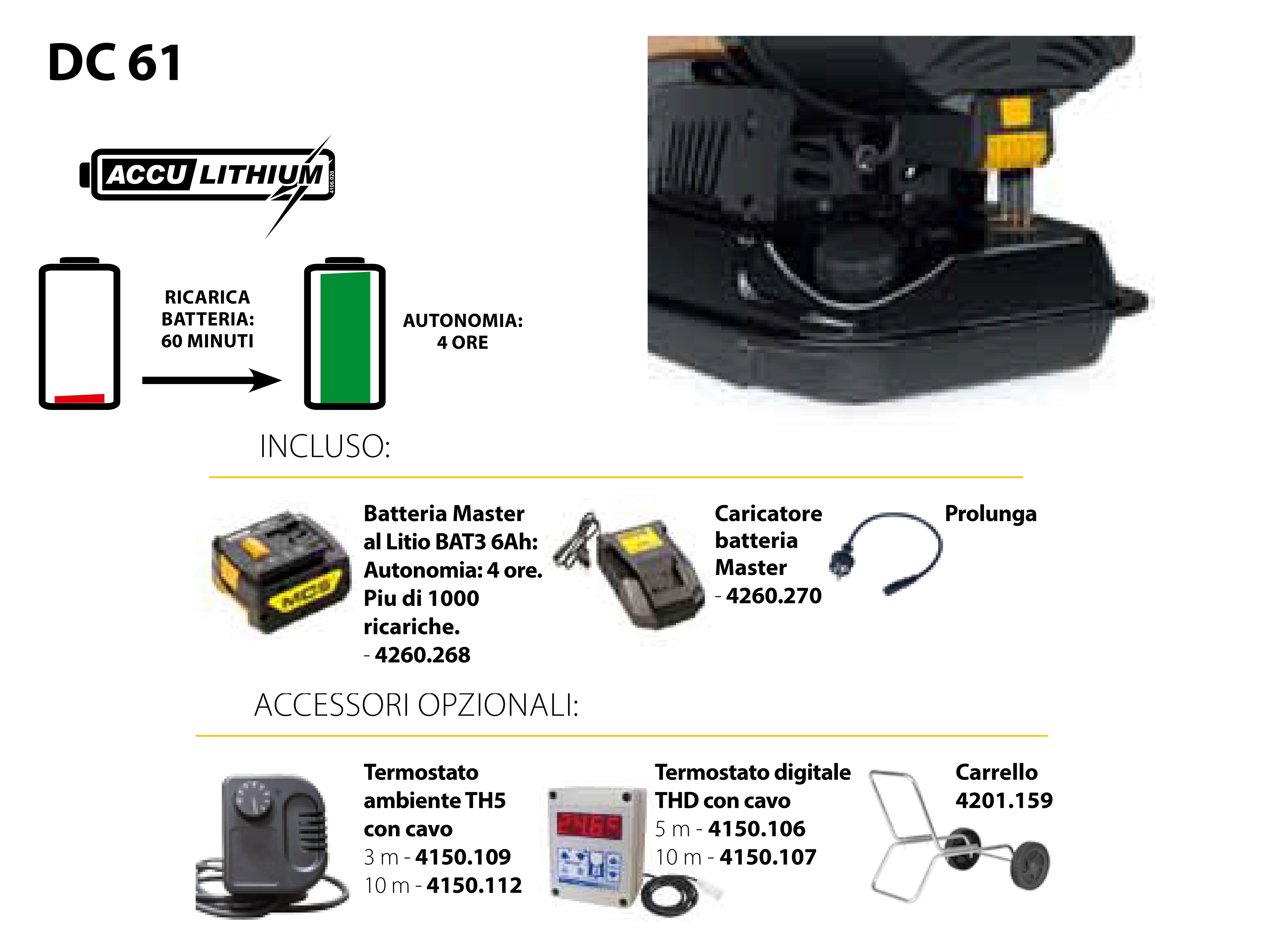 Il Master DC 61 riscalda per irraggiamento senza nessun spostamento d'aria con alta silenziosità, con funzionamento a batteria. 