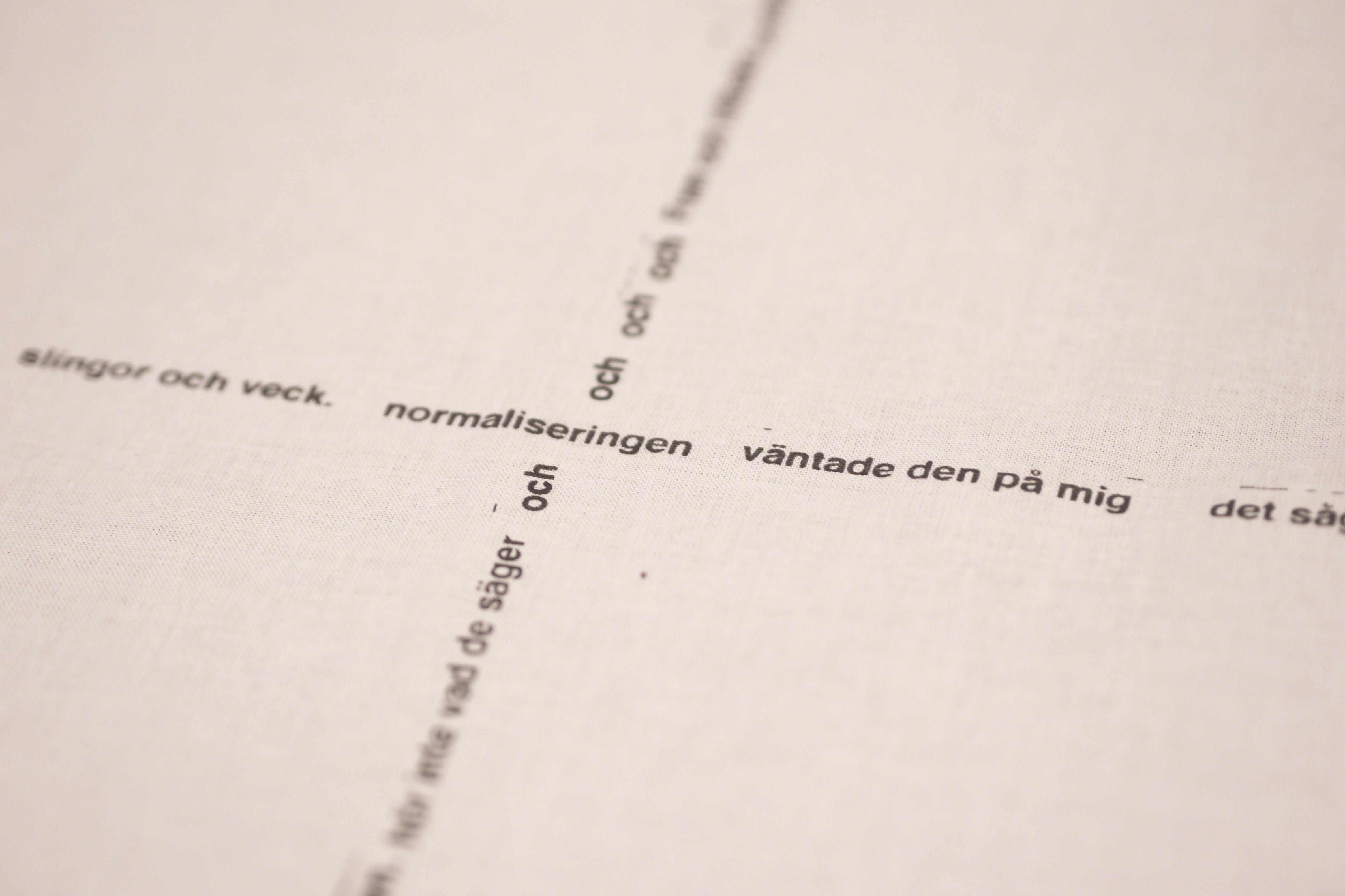 Närbild på en vid bordsduk med svart text tryckt ovanpå i formen av ett kryss. Det går inte att se hela texten men det går att  läsa "slingor och veck", "normaliseringen", "väntade den på mig" och "vad de säger och och och och".