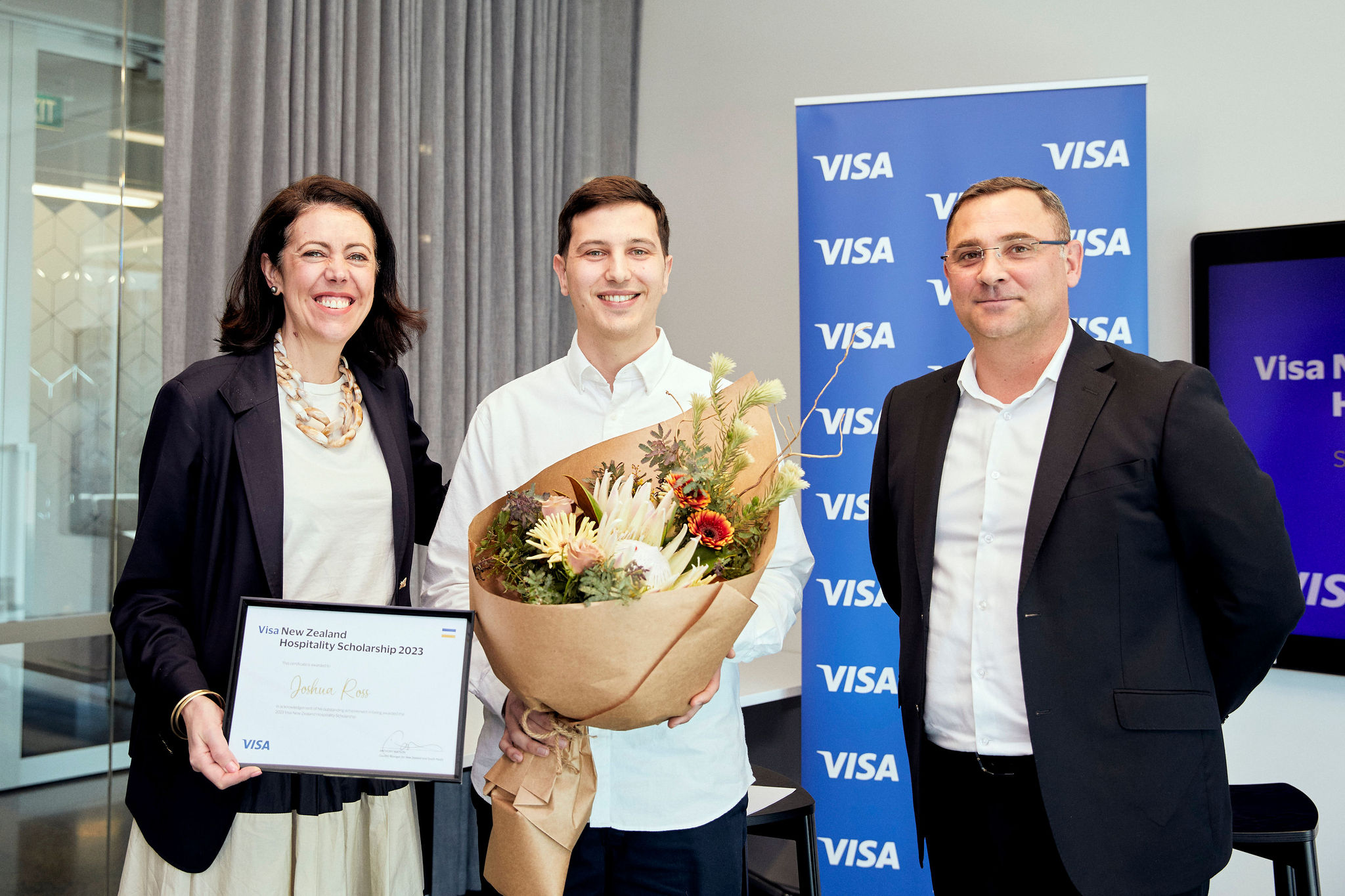 2023 Visa NZ Hospitality Scholarship Winner Joshua Ross with Sarah Meikle and Anthony Watson