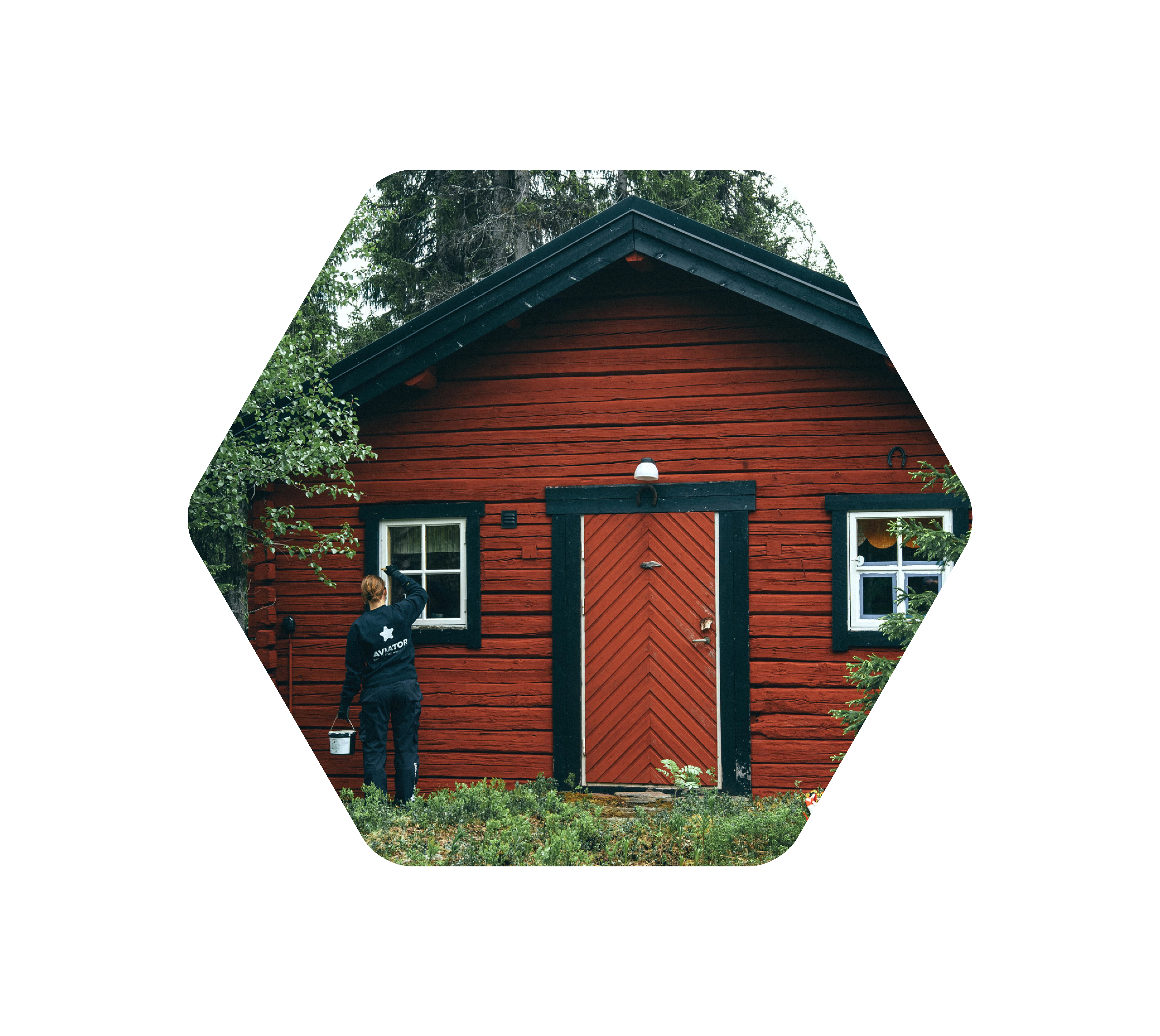 En bild på en röd stuga i skogen där en kvinna står och målar fönsterkarmen svart.