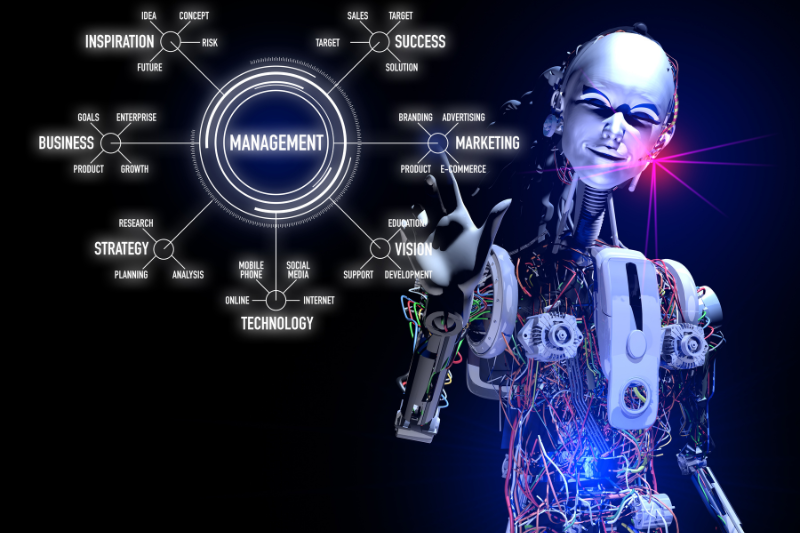 Intelligence artificielle souriante entourée de tous les champs de compétences qu'elle possede