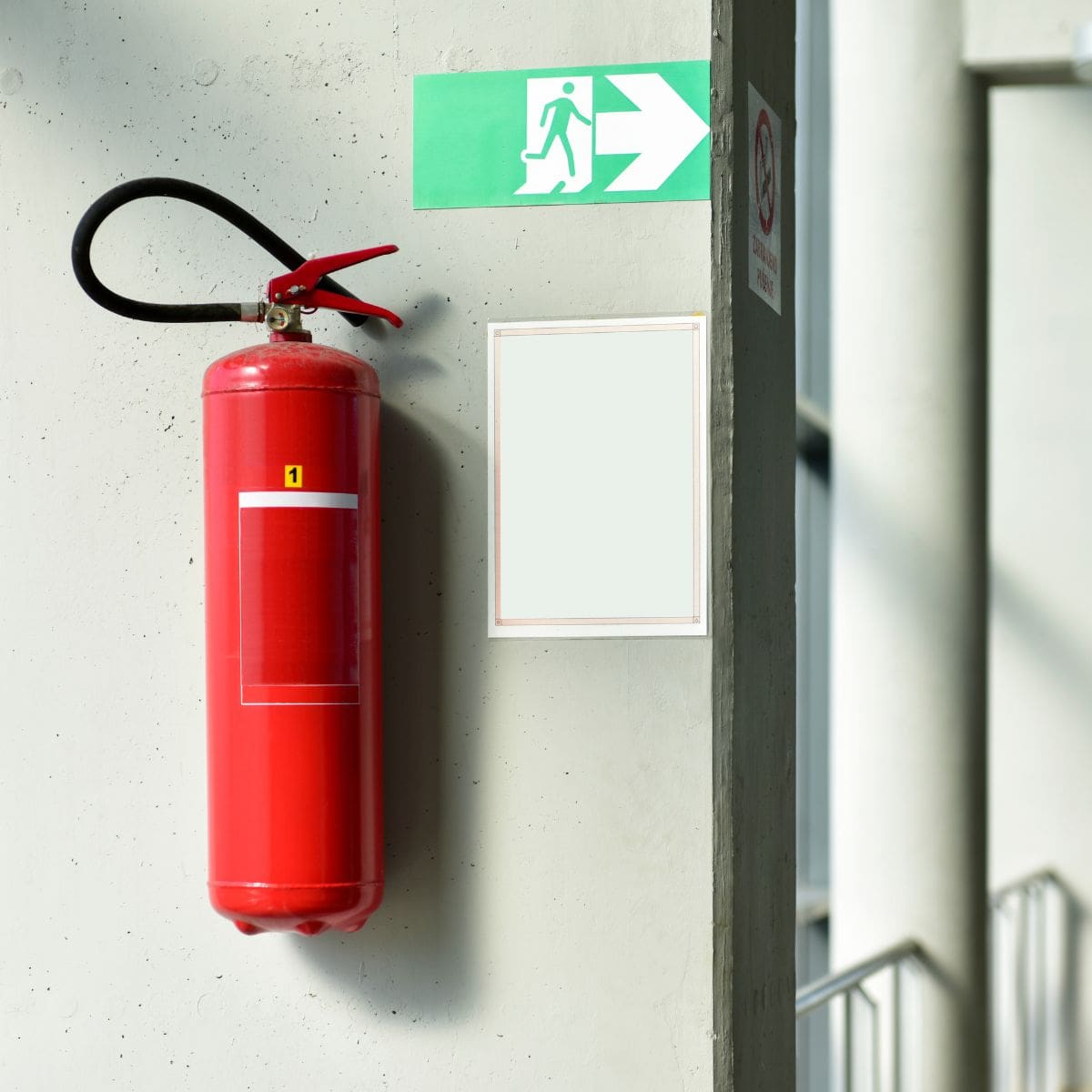 extincteur parfaitement situé dans une entreprise, près d'une sortie de secours et à bonne hauteur