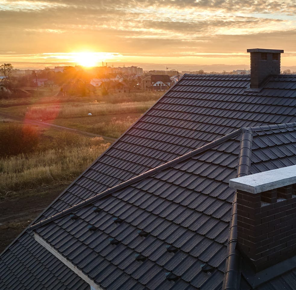 roof with a chimney and a chimney cap on a house