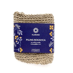 Flororo ročno narejena piling rokavica ali vrečka za milo iz konopljine vrvi v modrem papirju z vzorcem Kresna noč
