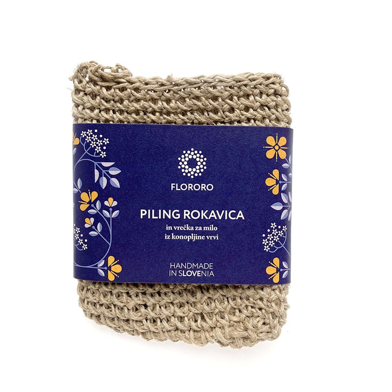 Flororo ročno narejena piling rokavica ali vrečka za milo iz konopljine vrvi v modrem papirju z vzorcem Kresna noč