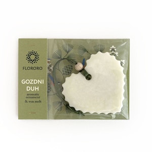 Naravni izdelek Flororo dišeči vosek za aromaterapijo in okrasek z naravnimi eteričnimi olji Gozdni duh v zeleni embalaži z vzorcem